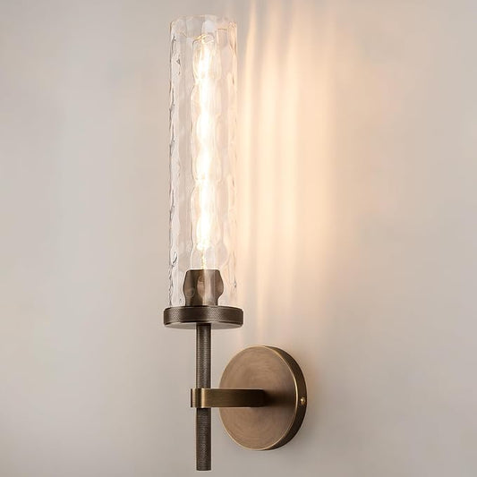 19.5" Knurled Brass Wall Sconce with Water Ripples Glass Tube, Bronze Bathroom Vanity Light Fixtures, Modern Lamp Lighting for Bedroom, Living Room, Hallway, Staircase, Mirror, Kitchen