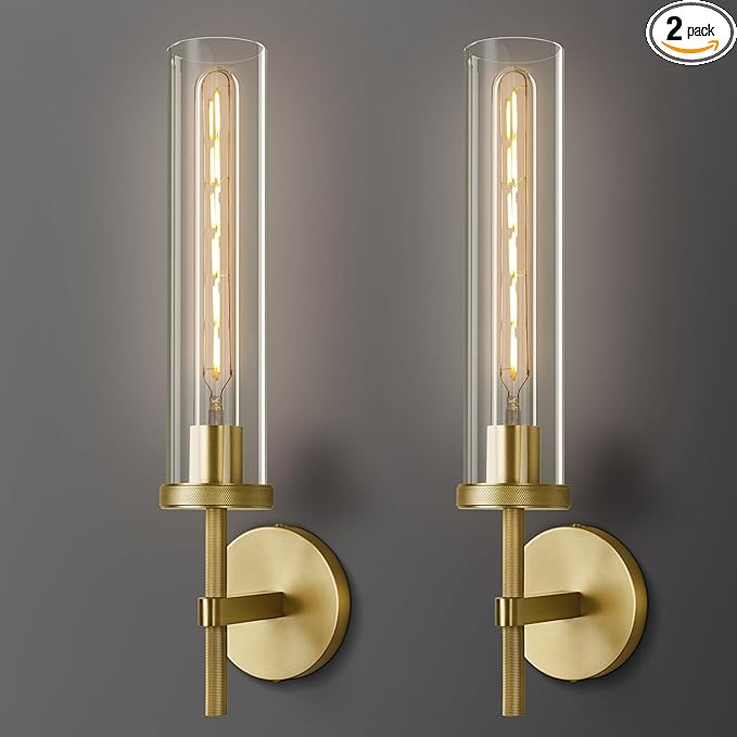 Gold Wall Sconces Set of Two, 19.48" Knurled Gold Wall Lighting with Glass Tube, Modern Brass Sconces Wall Lamp for Bedroom Living Room Bathroom Hallway Staircase & Vanity Mirror(Including Bulb)
