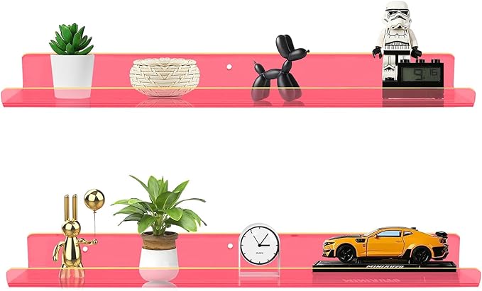 ROYALITA 24 Inches Acrylic Floating Book Shelves Wall Mounted Set of 2, Wall Hanging Plant Display Shelves, Room Decor Floating Wall Shelves for Gaming Room, Bedroom, Living Room, Office, Pink