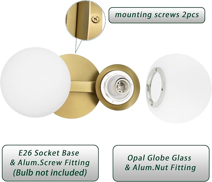 Gold Bathroom Vanity Light Fixtures, Modern 2 Lights Aged Brass Globe Wall Sconce Lighting, Porch Wall Mount Light Fixture for Bathroom, Mirror Cabinets Hallway Stairs