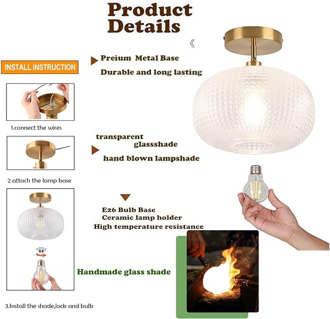 Gold Semi Flush Mount Ceiling Light Fixture,Hallway Light Fixtures,Industrial Close to Ceiling Mount,Globe Glass Ceiling Fixture,Vintage Ceiling Lamp,Farmhouse Lighting for Bathroom Entryway Bedroom