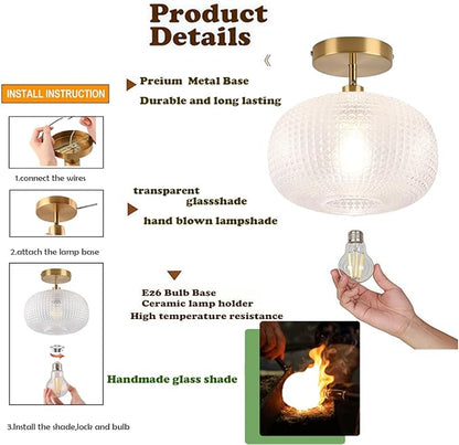 Gold Semi Flush Mount Ceiling Light Fixture,Hallway Light Fixtures,Industrial Close to Ceiling Mount,Globe Glass Ceiling Fixture,Vintage Ceiling Lamp,Farmhouse Lighting for Bathroom Entryway Bedroom