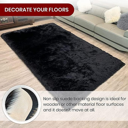 LAMBZY High Pile Super Soft Faux Sheepskin Rug (Black, 2'x3')