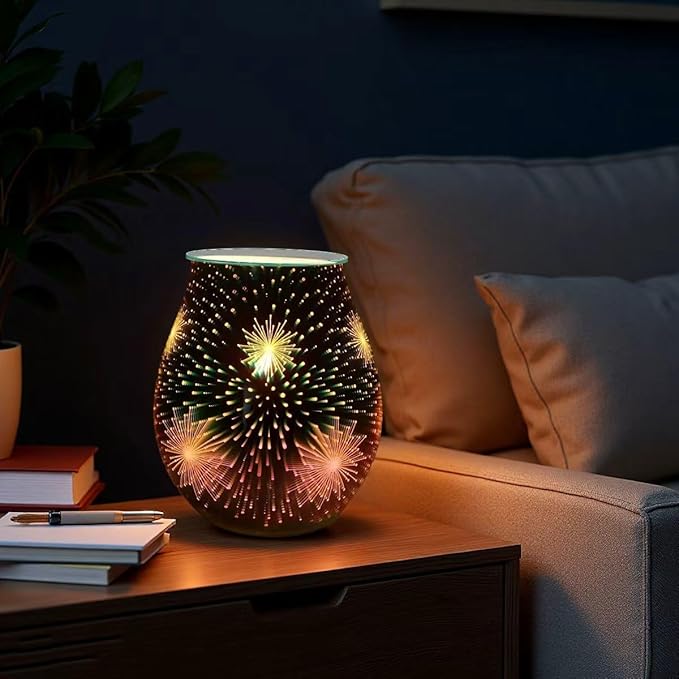 3D Glass Wax melt Warmer,Electric melt Burner,Romantic Aroma Warmer for Essential Oils Burner & Premium Wax Melts Burner.(Fireworks)