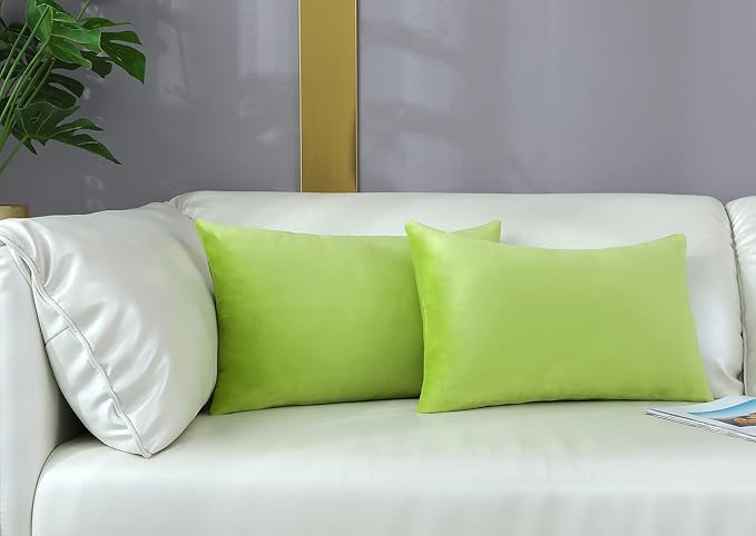 mixeoo Comfy Lime Green Throw Pillow Covers Decorative Lumbar Solid Rectangle Thick Velvet Super Soft Cushion Cases Home Decor for Sofa Couch Living Room Chair, Set of 2, 12 x 20 Inch
