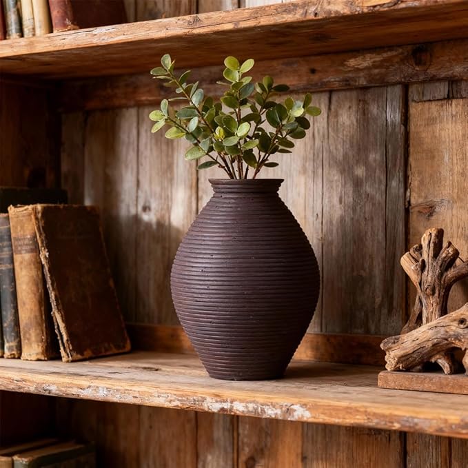 Brown Rustic Resin Vase 8.6" | Farmhouse Centerpiece for Pampas Grass & Home Decor
