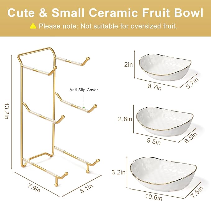 Ceramic Fruit Bowl for Kitchen Counter - 3 Tier Fruit Basket with Metal Stand, Tiered Fruit Stand for Countertop, Snack, Nuts, Cake, Dessert, Small & Cute (Gold&White)