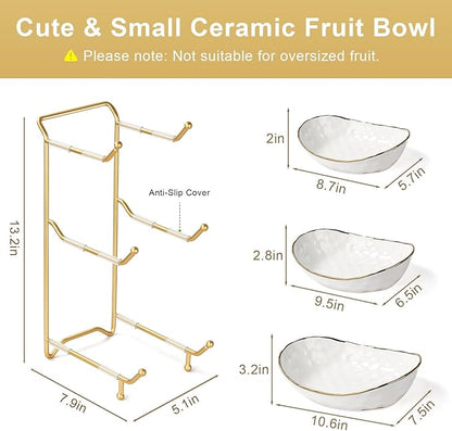 Ceramic Fruit Bowl for Kitchen Counter - 3 Tier Fruit Basket with Metal Stand, Tiered Fruit Stand for Countertop, Snack, Nuts, Cake, Dessert, Small & Cute (Gold&White)