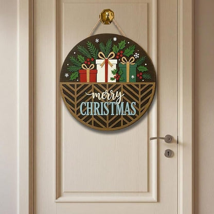 Merry Christmas Round Wooden Door Sign, Holiday Entry Wall Hanging, Charming Winter Porch Decoration, Warm Seasonal Home Accent Display, Perfect For Families And Friends Doorsign_281125_SR6_14