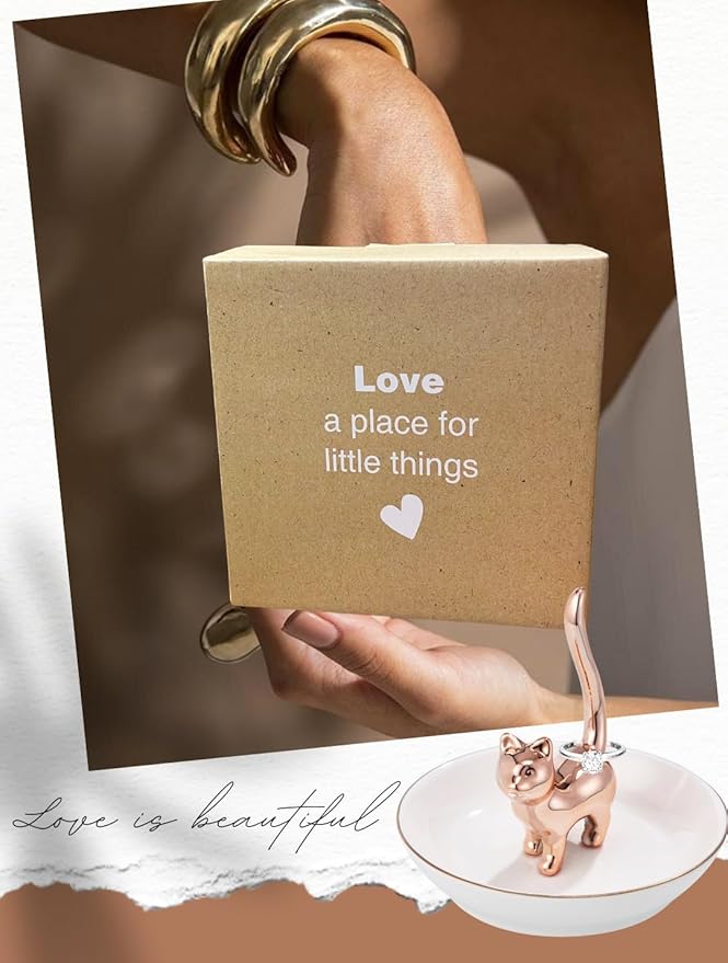 Cat Ring Holder Trinket Tray Ceramic Jewelry Dish Porcelain Ring Organizer Gift for Women, Girlfriend or Valentine's Day (Rose gold-2)