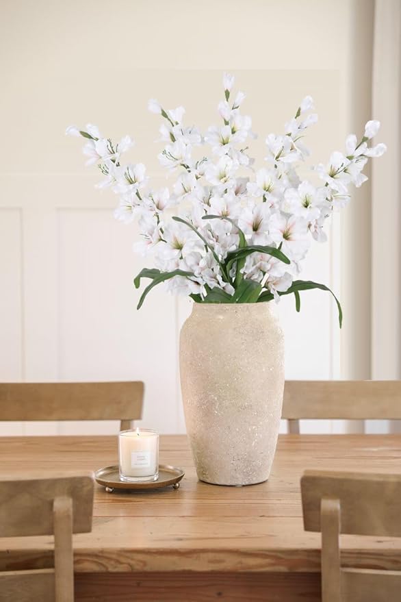 IPOPU 5PCS White Silk Gladiolus Long Stem Artificial Flowers, 33" Height, Classic Elegant Realistic Style for Tall Vase Wedding Centerpieces Home Table Party Decor