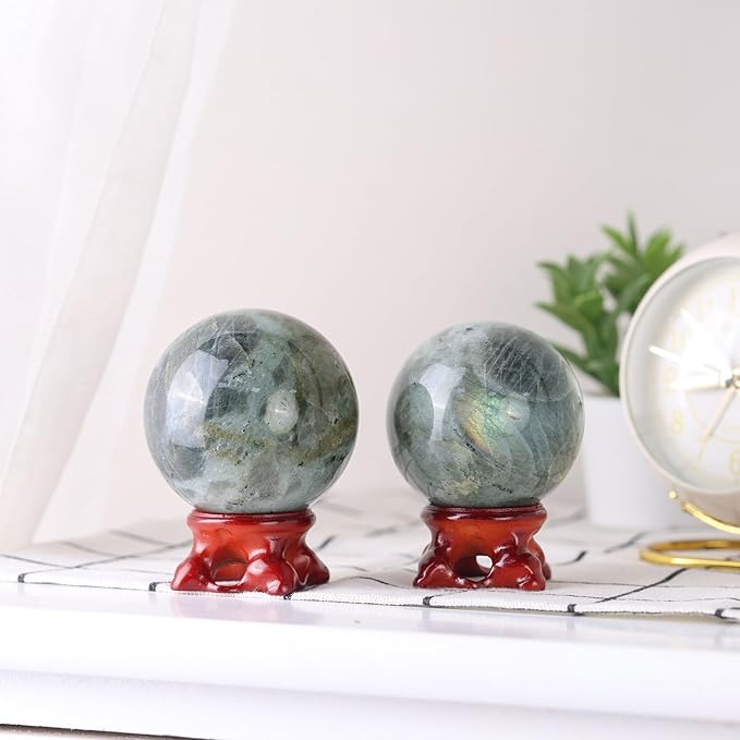 mookaitedecor Natural Labradorite Crystal Ball with Resin Stand, Decorative Stone Sphere Ball for Feng Shui Meditation Divination Home Decor, 2-2.36 Inch (51-60 mm)
