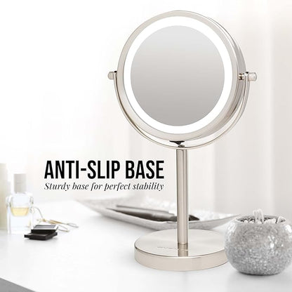 OVENTE Lighted Vanity Mirror 6 Inch Table Top 1X 7X Magnification LED 360 Adjustable Double Sided Spinning Personal Makeup Stand Desk Bathroom Battery Powered Round Large Nickel Brushed MLT60BR1X7X
