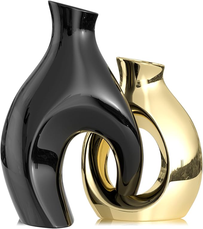 Black Gold Modern Abstract Ceramic Vases for Home Decor,Nordic Snuggle Hollow Design for Flowers Pampas Grass Decorative,for Living Room Coffee Table Centerpiece,Entrance,Console (Black)