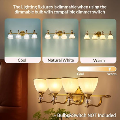 ANDY STAR Brushed Gold Vanity Light, 4-Light Bathroom Light Fixtures, Vintage Wall Lamp with Bell Shaped Frosted Lampshade, 27.8 Inch Bathroom Lighting Fixtures Over Mirror, (Bulbs Not Included)