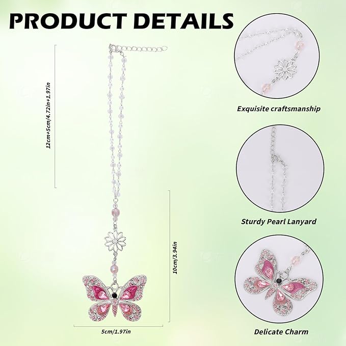 Rear View Mirror Accessories Car Charm - Pink Crystal Butterfly Hanging Ornament, Sun Catcher Window Pendant for Car Interior Decoration, Christmas Birthday Gifts for Mom Aunt
