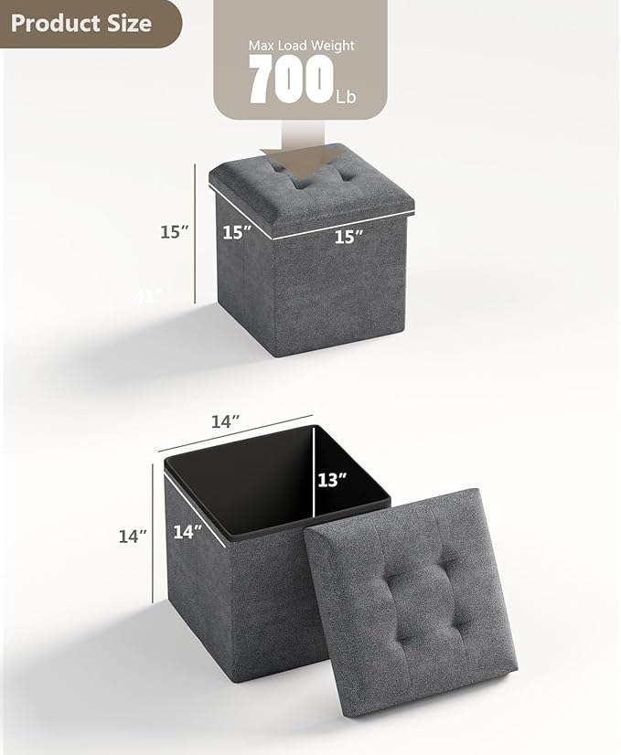 Folding Storage Ottoman Bench, Multi-Functional Ottoman Footrest, End of Bed Bench, Storage Chest for Living Room, Bedroom, Hallway, Entryway, Holds Up to 300 lbs (Dark Gray, 15 Inches)