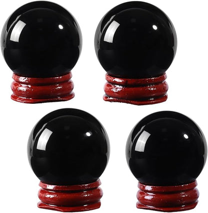 Sportmusies Natural Black Obsidian Stone Sphere with Wooden Stand, Polished Crystal Ball Decoration for Home & Office