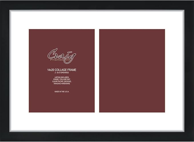 Craig Frames 14x20 Picture Frame - Black Contemporary Style, 1 inch Wood Composite Moulding, Smooth Wrap Finish, Acrylic, White Collage Mat with 2 Openings - Wall Display for 8x10 Photos