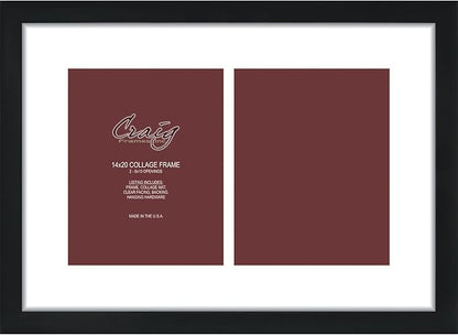 Craig Frames 14x20 Picture Frame - Black Contemporary Style, 1 inch Wood Composite Moulding, Smooth Wrap Finish, Acrylic, White Collage Mat with 2 Openings - Wall Display for 8x10 Photos