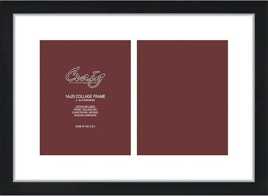 Craig Frames 14x20 Picture Frame - Black Contemporary Style, 1 inch Wood Composite Moulding, Smooth Wrap Finish, Acrylic, White Collage Mat with 2 Openings - Wall Display for 8x10 Photos