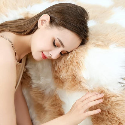 Fluffy Faux Fur Brown and White Checkered Rug，Small Area Rug,2x4 Ft Ultra Soft Shaggy Plush Rug for Bedroom Living Room Bedside Nursery Kids Room