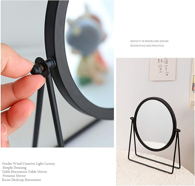 Iron Tabletop Makeup Mirror, Round Swivel Desktop Stand Mirror, 360°Rotation One-Sided Dressing Table Mirror (Black)