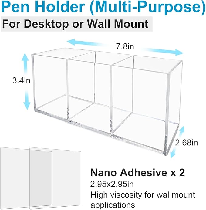 Acrylic Pen and Silverware Holder, Desk Or Wall Mount Storage Organizer,is Perfect for Office, Stationery, Kitchen and Bathroom Caddy,Desk Pencil Accessories.(Clear)