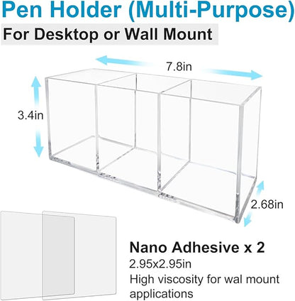 Acrylic Pen and Silverware Holder, Desk Or Wall Mount Storage Organizer,is Perfect for Office, Stationery, Kitchen and Bathroom Caddy,Desk Pencil Accessories.(Clear)