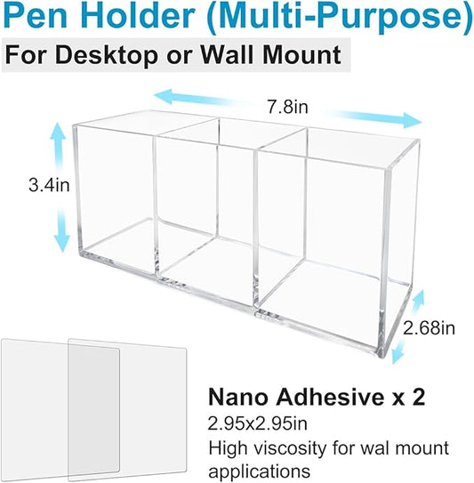 Acrylic Pen and Silverware Holder, Desk Or Wall Mount Storage Organizer,is Perfect for Office, Stationery, Kitchen and Bathroom Caddy,Desk Pencil Accessories.(Clear)