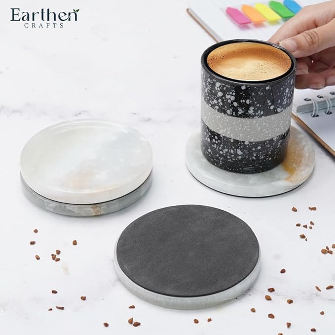 Marble Coasters Set of 4 Drink Coaster 4 Inches White Onyx Round Stone Coaster for Drinks, Mug, Glass, Ideal for Coffee Table Decor