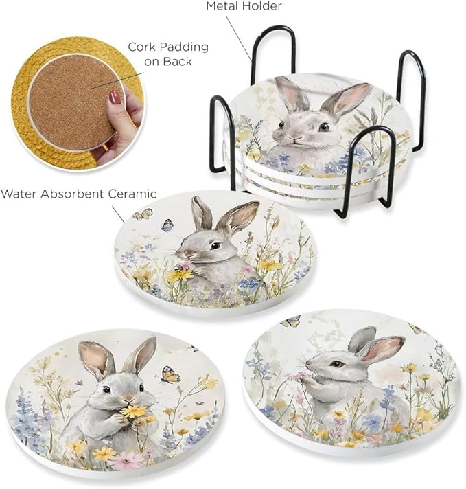 6Pcs Drink Coasters with Holder, Easter Lovely Rabbits Flowers Absorbent Ceramic Drink Coaster with Cork Base, Home Bar Table & Office Decor House Warming Gift