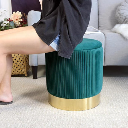 Round Ottoman with Storage Set of 2 Upholstered Velvet Vanity Stool for Living Room Storage Ottomans Multifunctional Foot Rest (Dark Green)