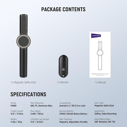 NEEWER Basics 5.48' Magnetic Selfie Stick Tripod Compatible with MagSafe iPhone Android, Portable Travel Cell Phone Stand with Remote, One Button Unfold for Vlog Video Recording Streaming, PA989