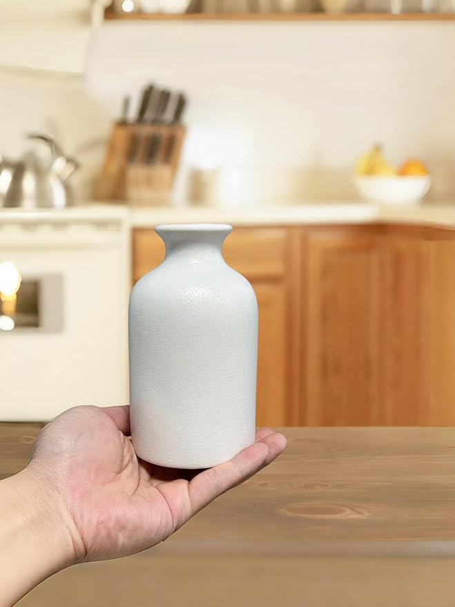 Ceramic White Small Vase, Minimalist Dry Flower Holder, Modern Farmhouse Decor for Tabletop, Shelf & Fireplace, Kitchen, Bedroom, Office Centerpiece