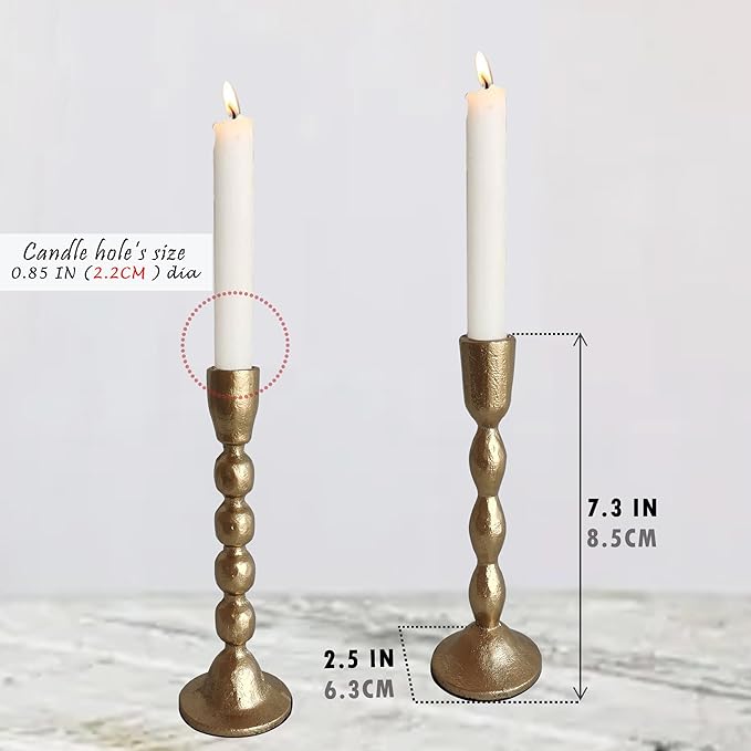 Antique Iron Taper Candle Holders - Set of 2 Decorative Candlesticks, Brass Finish Candle Stand for Weddings, Dining, and Parties