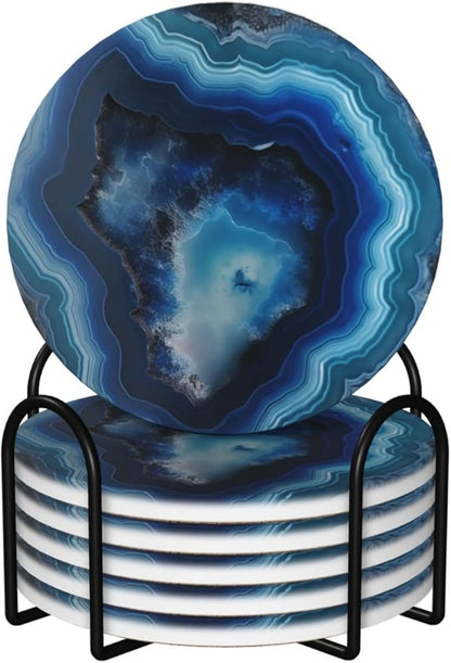 6 Pcs Ceramic Coasters with Holder Absorbent Drink Round Blue Agate Geode Print Design for Home Table Coffee Cup Wine Beer Bar,Size 4.4 inches