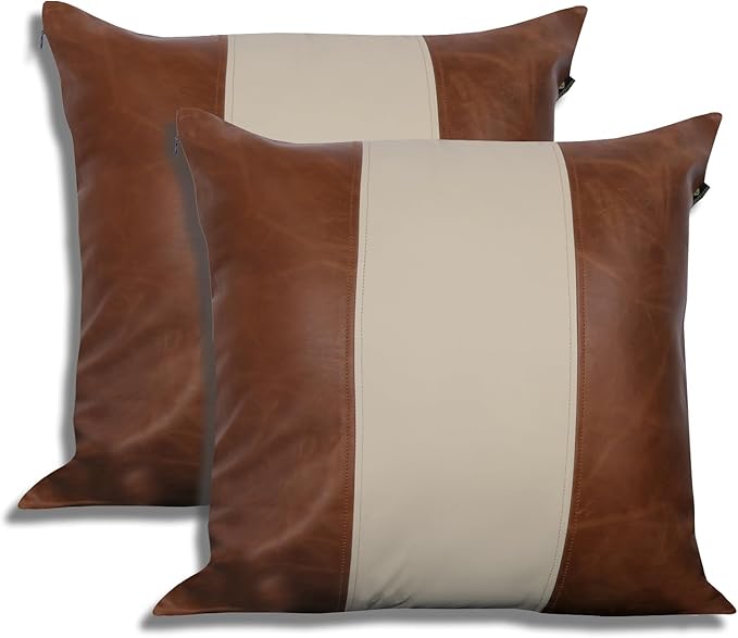 LL LEATHER LOVERS Lambskin Leather Pillow Cover - Sofa Cushion Case - Decorative Throw Covers for Living Room & Bedroom, 16x16 Inches - Tan & Off-White Pack of 2