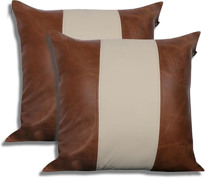 LL LEATHER LOVERS Lambskin Leather Pillow Cover - Sofa Cushion Case - Decorative Throw Covers for Living Room & Bedroom, 20x20 Inches - Tan & Off-White Pack of 2