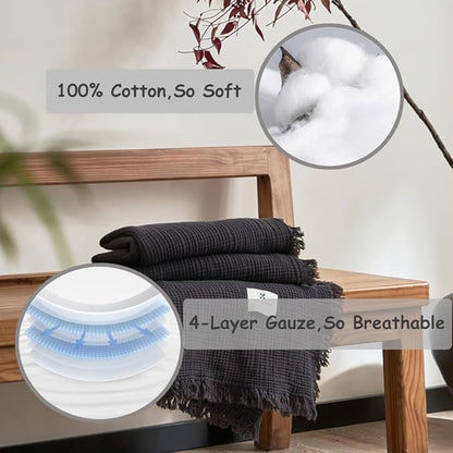 100% Cotton 4-Layer Muslin Blanket with Fringes, 80"x90", Dark Grey Bed Blanket, Ultra-Soft Gauze Boho Bedding for All Seasons, Breathable for Couch, Bed(Dark Grey,Queen)