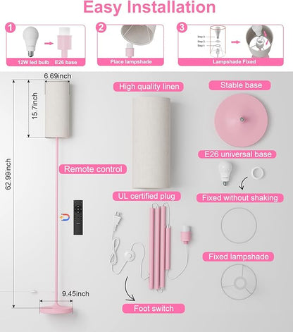 luckystyle LED Floor Lamp for Living Room, Dimmable Tall Lamps with Foot Switch,Remote Custom Color Temperature Pink Pole Lamp with Lampshade,12W Led Bulb Standing Lamps for Bedroom Office Kid Room