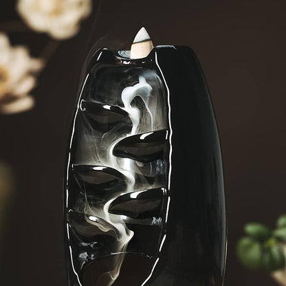 INONE Ceramic Incense Burner with 120 Cones, Waterfall Backflow Incense Holder, Aromatherapy Ornament, Zen Decor, Home Decor, Room Decor (Black)