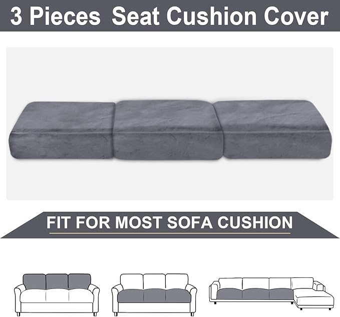 NAISI Couch Cushion Covers 3 Pieces Velvet Stretch Sofa Seat Covers or Backrest Covers Soft Individual Couch Covers for Sectional Sofa(3 Pcs for 3-Seat Cushion,Dark Grey)
