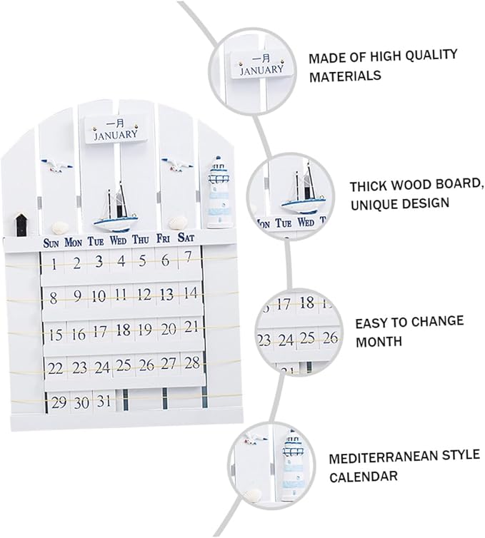 Wall Mounted Wooden Perpetual Calendar in Mediterranean Style, Material Removable Blocks, Home Decor for Office, School, Shop, White