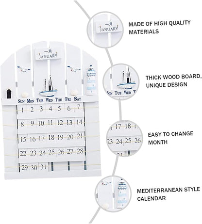 Wall Mounted Wooden Perpetual Calendar in Mediterranean Style, Material Removable Blocks, Home Decor for Office, School, Shop, White