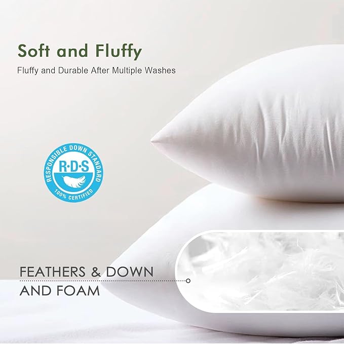 Feathers Down Throw Pillow Inserts 12x20, Set of 2, 100% Organic Cotton Shell, Soft Decorative Lumbar Pillow Insert for Living Room Sofa, Couch, or Bed (White)