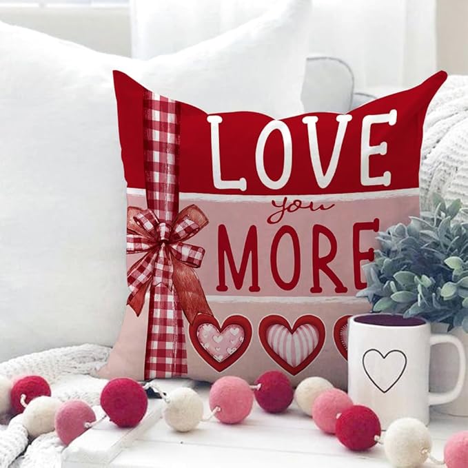 GEEORY Valentine's Day Love You More Hugs and Kisses Throw Pillow Covers 18x18 Inch Set of 4, Red Hearts Stripes Decorative Farmhouse Wedding Cushion Case for Home Decoration G650-18