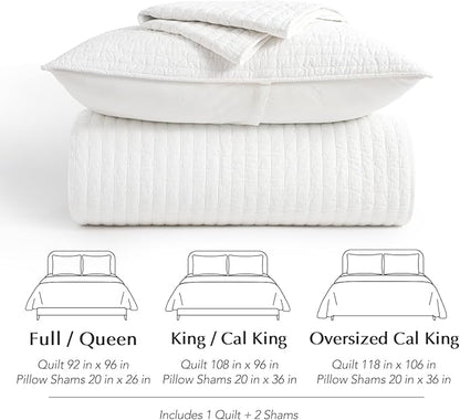 EVERGRACEHOME Cross Stitch Pre-Washed Cotton Quilt Bedding Set King Size, Oversized 3 Pieces Lightweight Bedspread Coverlet for All Season, with 2 Matching Shams, Bright White,118"x106"