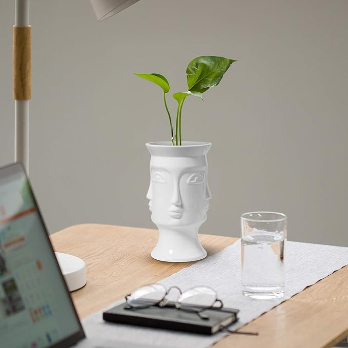 ComSaf Ceramic Flower Vase White Set of 2, Modern Face Flower Vase Tall Posy Bouquet Centerpiece for Home, Wedding, Christmas Decoration Gift(7 Inch Height)