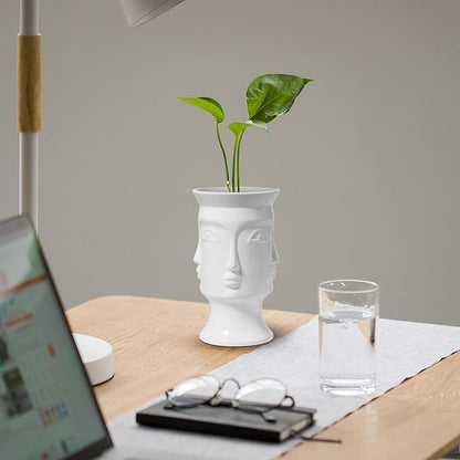 ComSaf Ceramic Flower Vase White Set of 2, Modern Face Flower Vase Tall Posy Bouquet Centerpiece for Home, Wedding, Christmas Decoration Gift(7 Inch Height)
